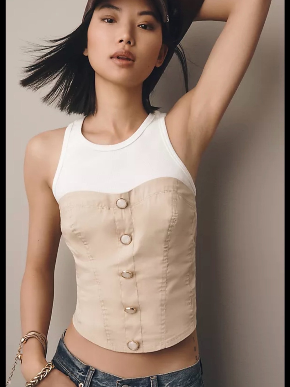 Porridge Two-Tone White and Beige Corset Twofer tank top